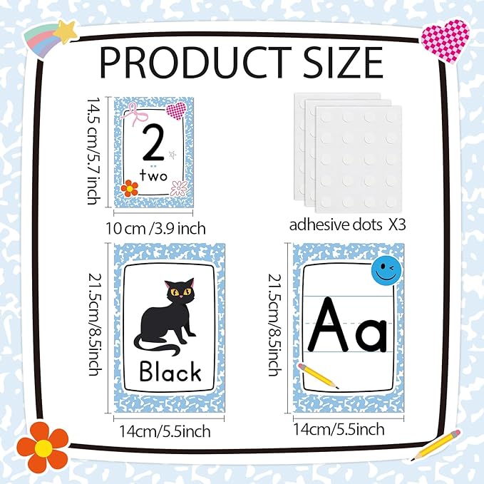 56Pcs Composition Notebook Alphabet Poster for Wall Alphabet Number Bulletin Board Colors Shapes Educational Learning Cards for Teacher