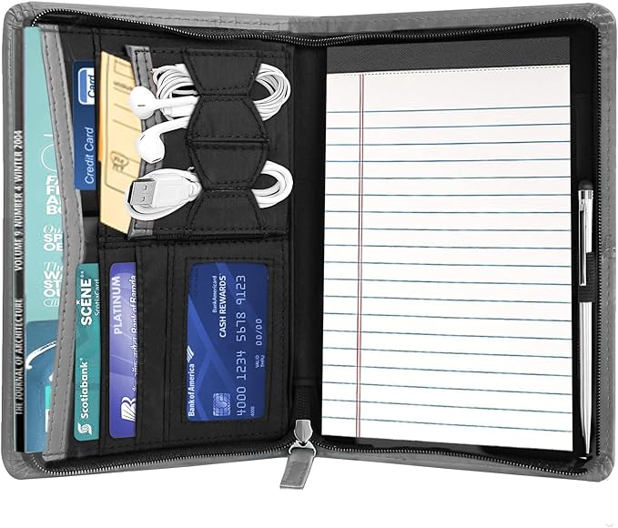 Junior Padfolio Portfolio with 5 x 8 Writing Pad, A5 Business Portfolio Binder Folder Organizer Multi-Function Combination Case for Men Women, Gray