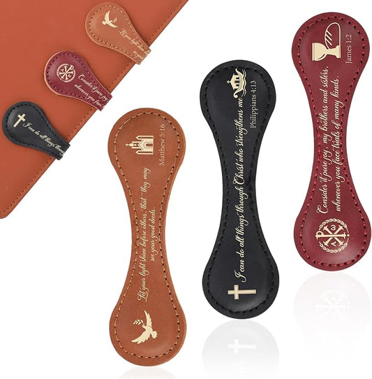 Christian Magnetic Leather Bookmark,3 Pcs Vintage Bible Leather Bookmarks, Inspirational Christian Bookmarks, Religious Bible Verse Bookmarks, Clips Gifts for Women Men Reading Lovers