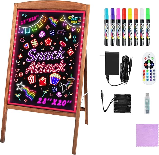 Hosim LED Message Writing Board 28"x20", Standing A-Frame Wooden LED Message Sign Board Illuminated Erasable Neon Restaurant Menu Sign, 8 Colors Markers & 16 Lighting Colors Flashing DIY Chalkboard