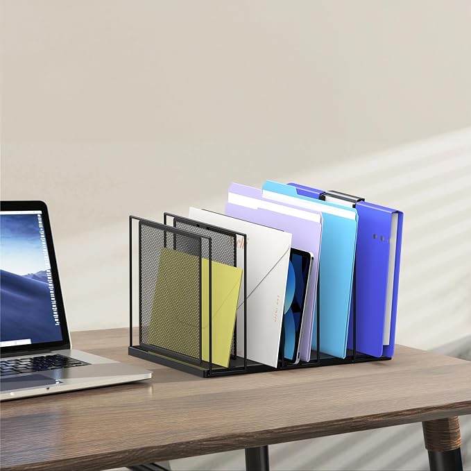 Desk File Organizer, 5 Section Vertical Metal File Organizer for Desk, Desktop File Organizer Stand, Paper Folder Organizer for Office Home Classroom Storage (Black, 5 Section)