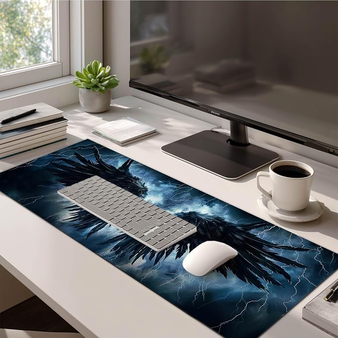 HOMETITUTE XL Mousepad 31.5 x 11.8 Inch Black Wing Thunder Large Gaming Desk Mat Extended Computer Pad Keyboard Mat Waterproof Non Slip Surface Mouse Pads for Desktop Office Accessories