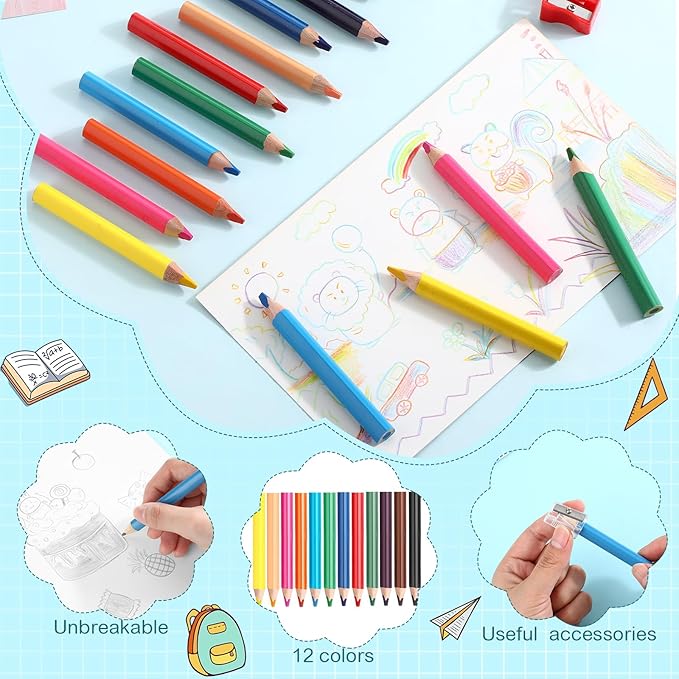 Spakon 96 Pcs Colored Pencil Bulk 12 Colors 3.5 Inch Jumbo Triangle Short Fat Pencil with Sharpener for Student Toddler Preschooler Beginner Classroom Supplies