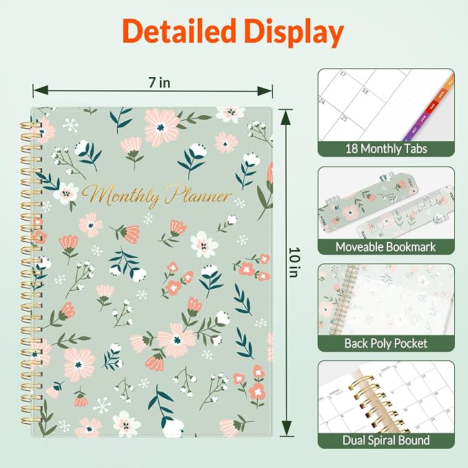 SUNEE Monthly Planner 2026-2027 - 18 Months Calendar Planner from Jul 2026 to Dec 2027, 7"x10" Yearly Planner with Tabs, Spiral Binding, Organizer for School Office Home, Green Wildflowers