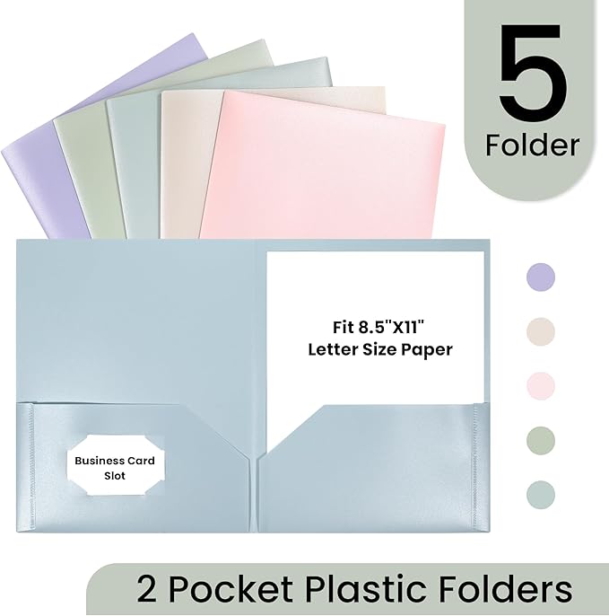 GNL Plastic Folders with Pockets, Pack of 5, Muted Pastel Colors, Heavy Duty 2 Pocket File Folders Letter Size, Pocket Folders for School, Home, and Office
