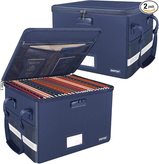 ENGPOW File Box with Lock, Fireproof Document Box with Pockets, Collapsible File Organizer Filing Storage Cabinet with Handle, Portable Home Office Safe for Hanging Letter/Legal Folders, Blue, 2 Pack