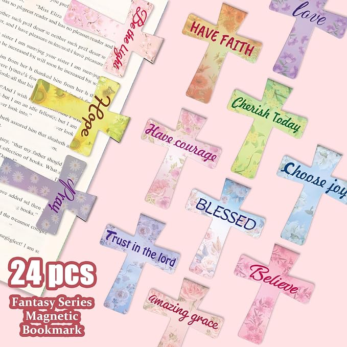 Magnetic Bookmarks, Kaluofan 24PCS Bible Bookmark Christian Bookmarks Cross Bookmark Bulk, Magnetic Cross Page Holders for Bibles, Inspirational Gifts for Teacher Students Book Lovers