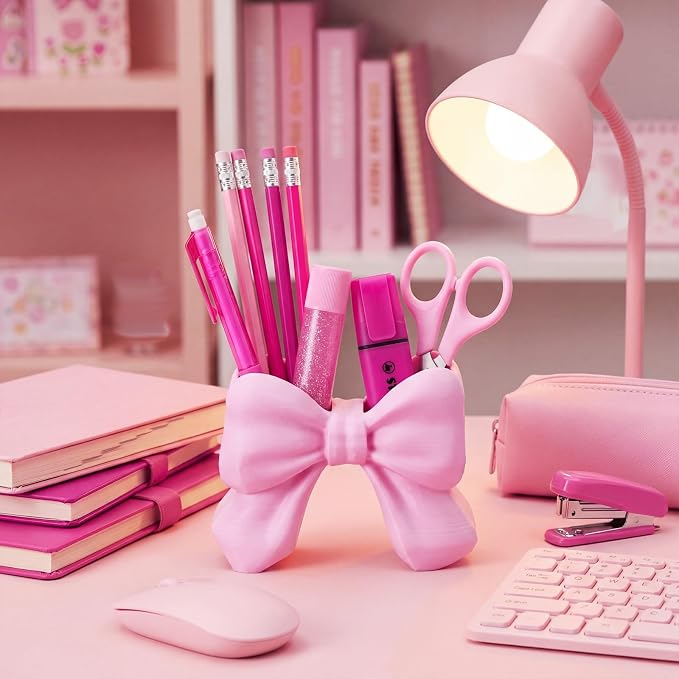 Marspark Cute Bow Pen Holder for Desk, Decorative Pencil Holder Organizer, Aesthetic Pink Desk Accessories for Office, Vanity, Back to School Supplies for Students