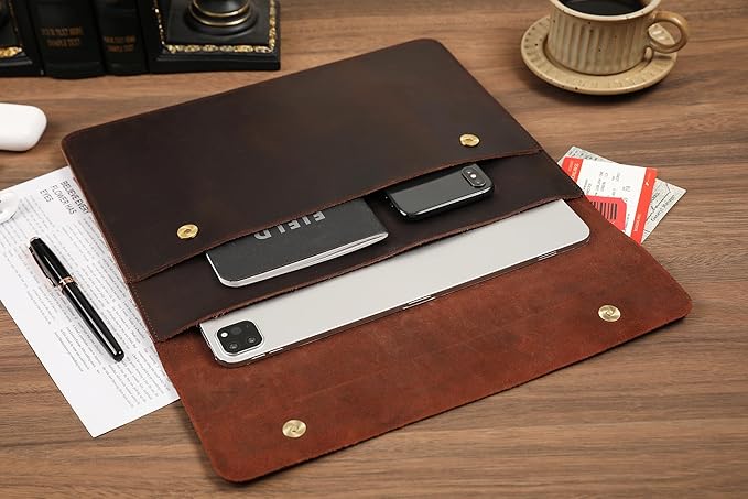 Leather Tablet Sleeve - 12.9 Inch iPad Sleeve, Document Holder Folio File Holder, Genuine Leather Case for Protection and Style-Dark Brown-Custom