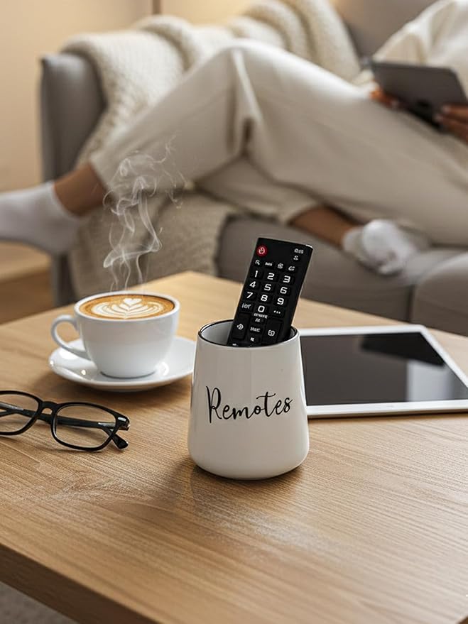 LEETOYI Ceramic Remote Control Holder, 4.1" Remote Caddy Storage, Makeup Brush Holder, Media Controllers Organizer for Living Room, Table, Bedroom & Office (White)
