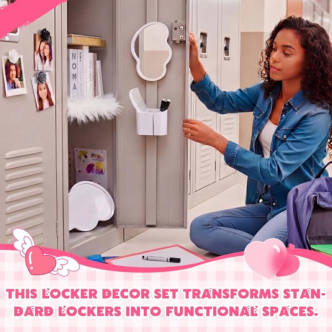 Sabary 10 Pcs Locker Accessories Kit Locker Decorations Supplies Including Magnetic Whiteboard Mirror Organizer Markers Rug Cute Flower Magnets and Comb for Office Back to School Essentials(White)