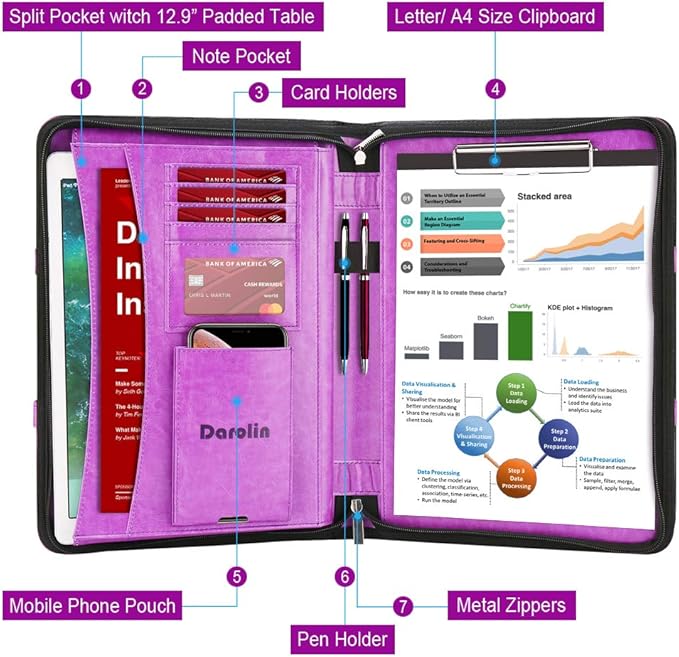 Darolin Zippered Leather Padfolio Portfolio with Hidden Handle and Clipboard, Business Conference Organizer Notepad Folder, Portfolio Bag, Padfolio for Women/Men (Purple)
