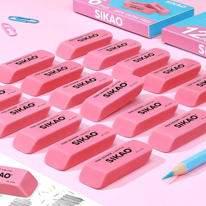Pink Erasers, 12 Pack Pencil Erasers for Kids – Latex-Free & Smudge-Free Beveled Rubber Erasers for School Supplies, Classroom, Art & Homework