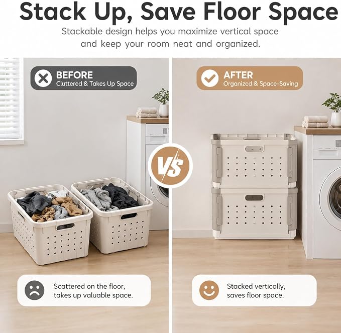 Plastic Folding Storage Baskets 2 Section, 42L Collapsible Storage Crates with Handles, Stackable Heavy Duty Versatile Box Organizers for Clothes, Books, Snacks, Shoes and Grocery - 2 Pack