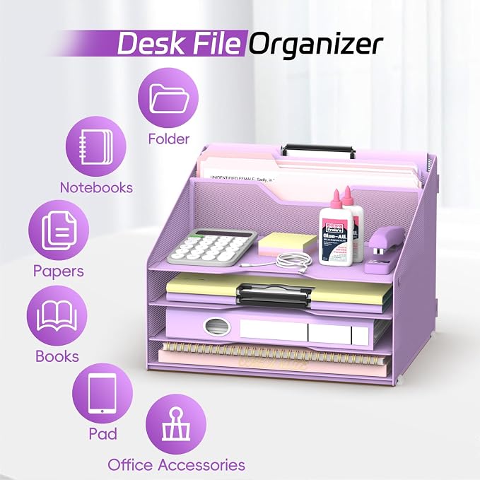 Desk File Organizer, Paper Organizer with 4 Letter Trays and 2 Vertical Upright Sections, Desk Organizers and Accessories for Office, School, Home (Purple)