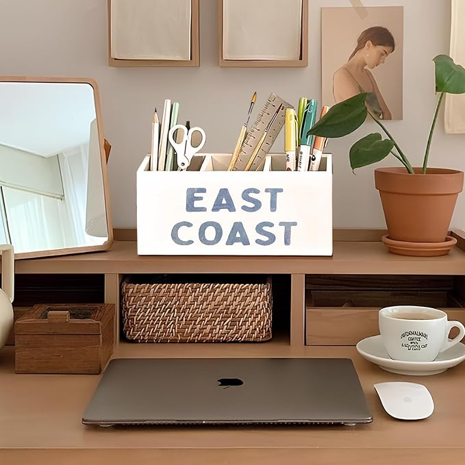 Blue Coastal Beach Pen Pencil Holder for Desk, Beach Office Decor, East Coast Coastal Cowgirl Beachy Wooden Box Sign Decorations for Girly Room Bedroom Dorm Office Desk Tabletop