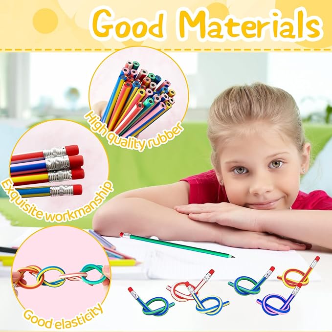 100 Pack Flexible Bendy Pencil,Stripe Rubber Pencil with Erasers,Colorful Bendable Soft Pencils for Classroom Gifts,Goodie Bag Fillers