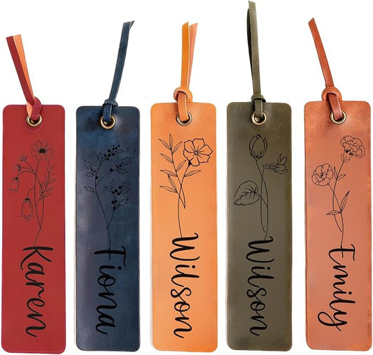 EDSG 2PCS Personalized Bookmark, Leather Bookmark with Birth Flower, Custom Bookmarks for Women, Men, Reading, Book Mark Gifts for Birthday, Christmas, Appreciation Gifts (Style-1, 2PCS)