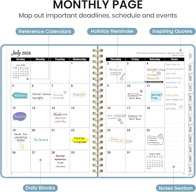 Planner 2026-2027 for Women & Men, Academic Monthly and Weekly Calendar Planner, Jul 2026 - Jun 2027, A5 (6.3" x 8.5"), Teacher Student Planning Book with Tabs, Ideal for Office School Supplies - Baby Blue