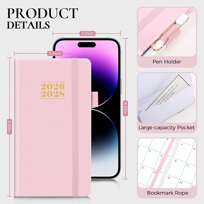 KONVINIT Pocket Calendar 2026-2028, 24-Month Pocket Calendar 2027 Planner Runs from July.2026 Until June.2028, Pink PU Monthly Planner with Inner Pocket, Pen Loop, Elastic Closure for School & Office Supplies, 3.54”×6.69”