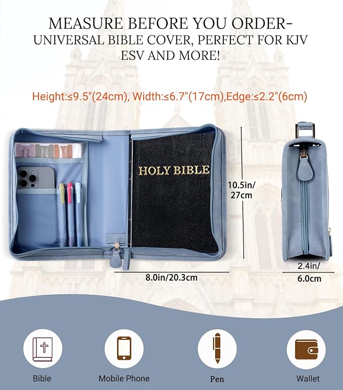 Vegan Leather Bible Cover for Men & Women, Bible Case with Gift Box, Christian Catholic Religious Bible Gifts (Light Blue)