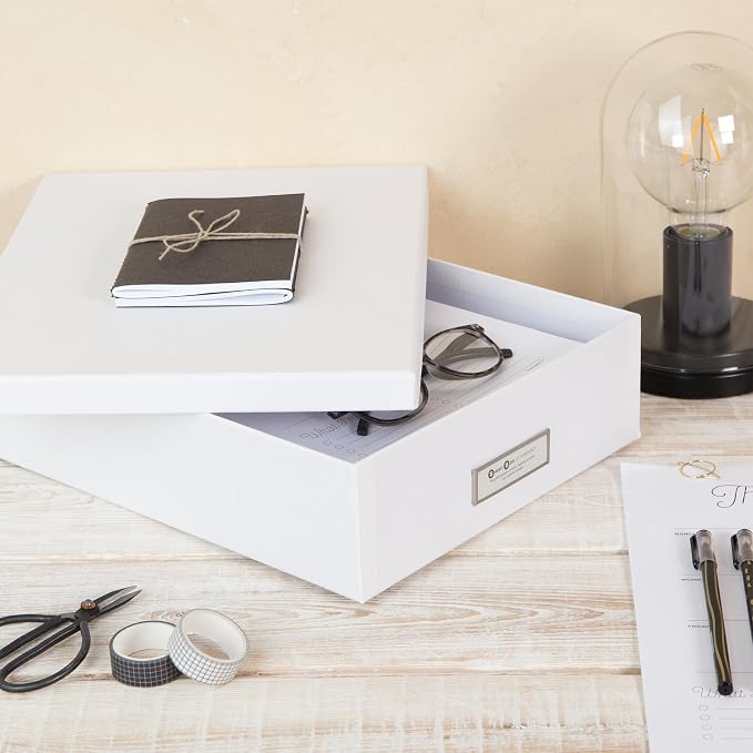 Bigso Box of Sweden Document Box for A4 Paper, Brochures and Notes - Box with Lid and Handle - Fibreboard and Paper Box Storage with Lid - White