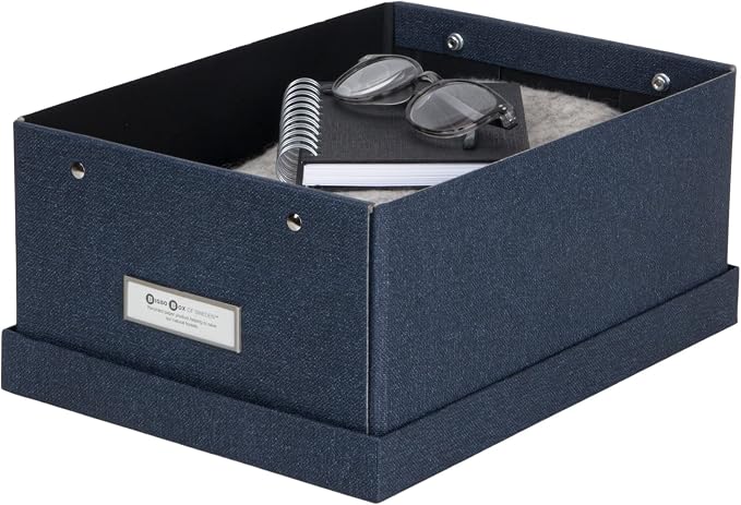 Bigso Karin KD Collapsible Storage Box with Labelframe for Easy Identification - Simple Assembly without Tools - Decorative Storage Boxes with Lids - 8.9in x 12.4in x 5.4in - Blue
