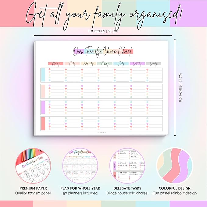 Family Chore Chart Notepad - Family planner, Calendar, Household Command Center | 50 Undated Tear Away Sheets | A4 Rainbow