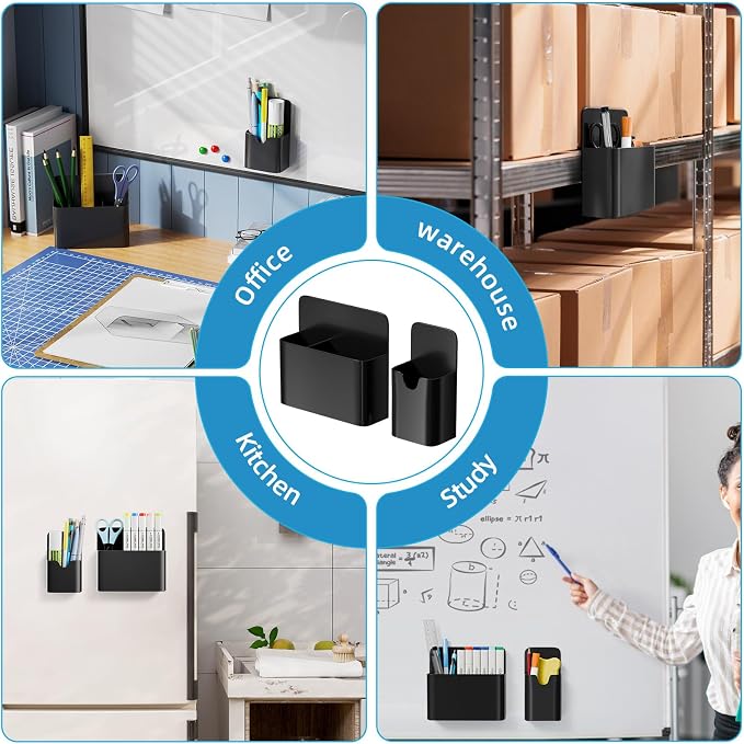 Magnetic Pen and Eraser Holder for Whiteboard, Dry Erase Marker Holder, Magnet Pencil Cup Utility Storage Organizer for Office, Refrigerator, Locker and Metal Cabinets (Black)