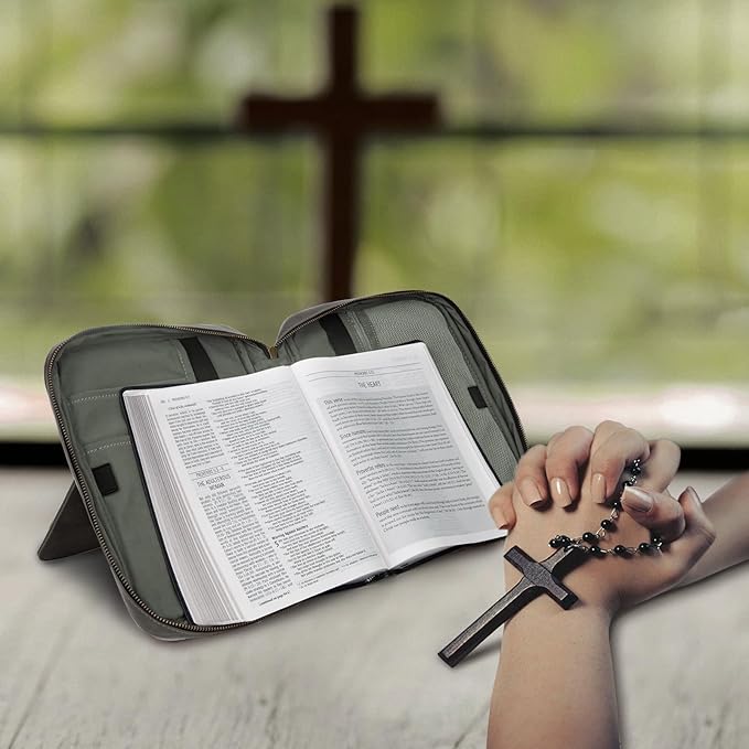 Bible Covers for Men & Women, Bible Case Carrying Church Bag with Book Stand, Bible Bag with Handle, Zipper and Multi-Pockets for Scripture Study Bible Protector