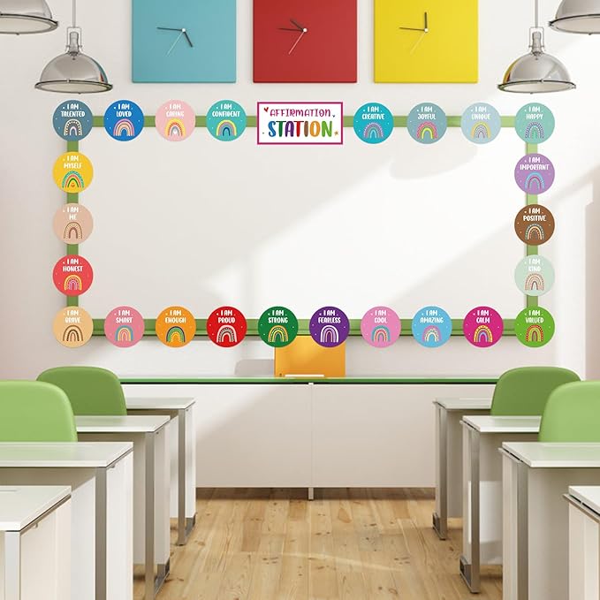 Boho Affirmation Station Bulletin Board Set Rainbow Positive Bulletin Board Positive Mirror Growth Mindset Inspirational Motivational Accent Cutouts for School Teacher Home Wall Supply