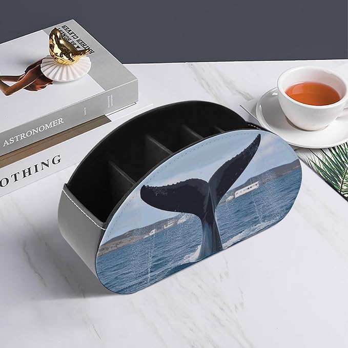 Whale Tail Remote Control Holder with 5 Compartments Leather TV Remote Caddy Remote Storage Box Desktop Organizer for Pen/TV Remotes/Media Controllers/Office Supplies