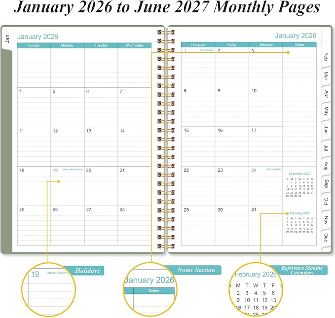 2026-2027 Monthly Planner - January 2026 - June 2027, Two Pages Per Month, 18 Monthly Calendar/Planner with Tabs, Inner Pocket, 6.4" x 8.5", Cyan