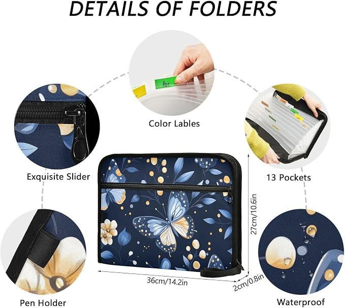 Expanding File Folder Butterfly Butterflies Blue Accordion File Organizer 13 Pockets Document Organizer with Zipper Labels A4 Letter Office Storage