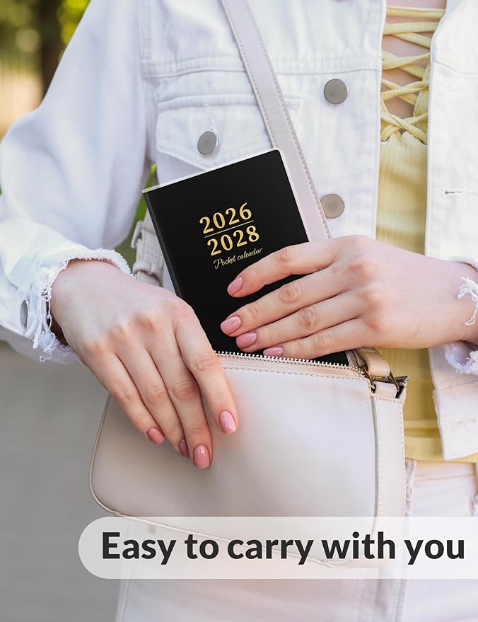 SUNEE Pocket Calendar May 2026 to June 2028 - Two Year Monthly Planner Small Calendar 3.5" x 6" Organizer for Daily & Yearly Schedule - Compact Agenda Notebook for School, Work, Women, Black