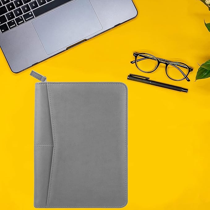 Junior Padfolio/Resume Portfolio Binder with Refillable Lined Notepad, A5 Padfolio Folder, Business Portfolio, Multi-Function Case, A5 Writing Pad Included, Gray