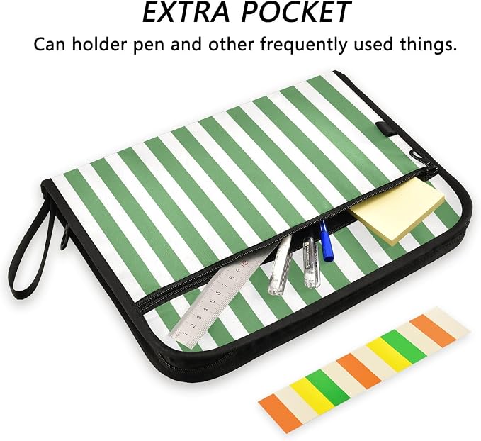 ALAZA Green White Striped 13 Pocket Expanding File Folder with Labels, Accordion File Folder File Organizer Letter A4 Paper for Office School Student