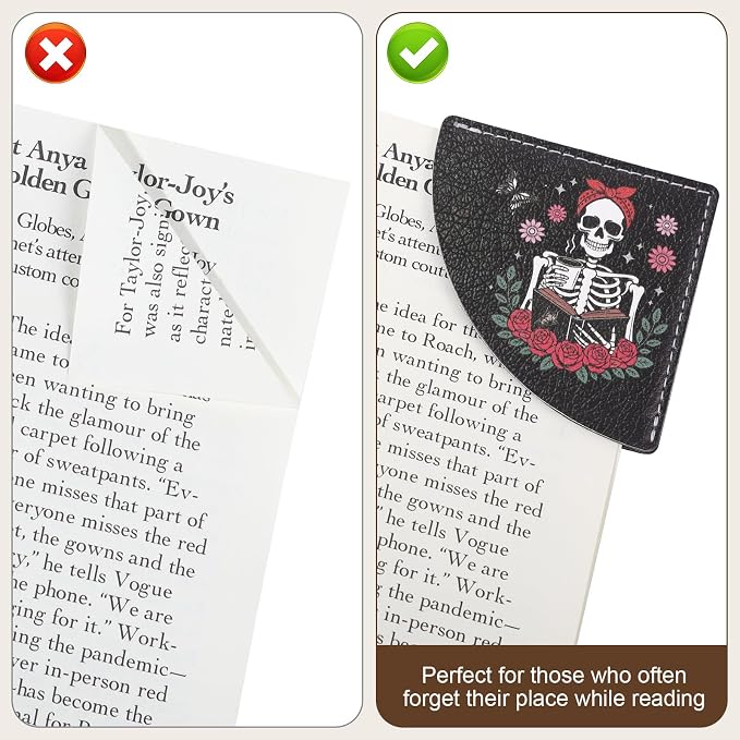 6Pcs Skull Corner Bookmarks,2.76 ×2.76Inch Skeleton PU Leather Book Marks Book Reading Accessories Birthday Gifts for Book Lovers Reading Women, Men, Student, Teacher