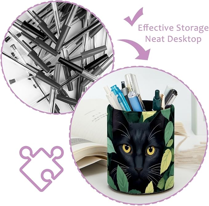 Leather Pen Holder for Desk, Green Leaves Black Cat Makeup Brushes Holder Pencil Cup Multifunctional Desktop Organizer Caddy for Home School Office Desk Accessories