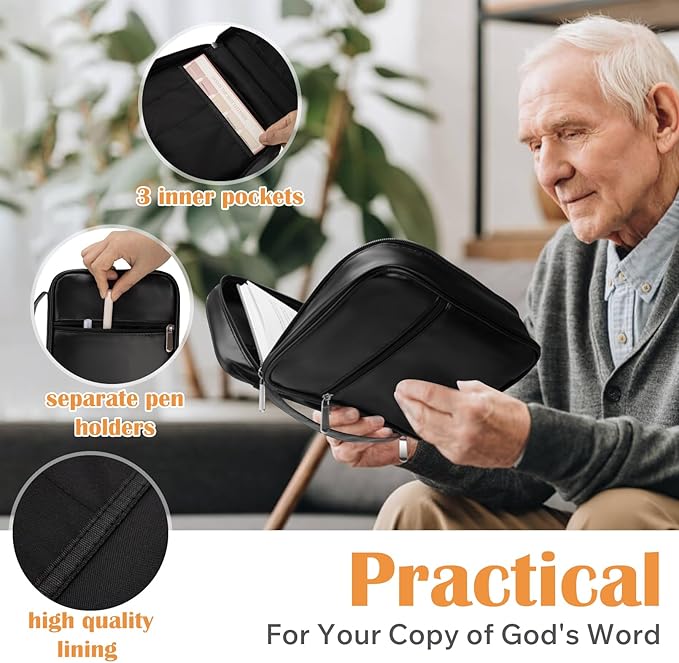 Small Bible Cover Case for Women and Men, 9x6 PU Leather Bible Sleeve, Compact Travel Bible Carrier Bag with Front Pen Holders, Zipper Closure, Inner Pockets - Black