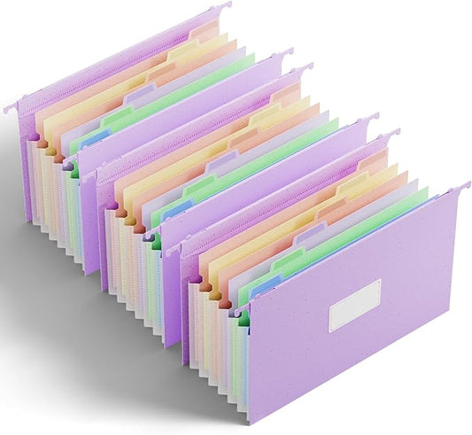 Ansook Hanging File Folders, Legal Size with 1/5-Cut Adjustable Tabs, 7 Accordion Pockets, 1.2'' Expandable File Folder Organizer for Filing Cabinet Office Home, School, 50% Wheat Straw (Purple)