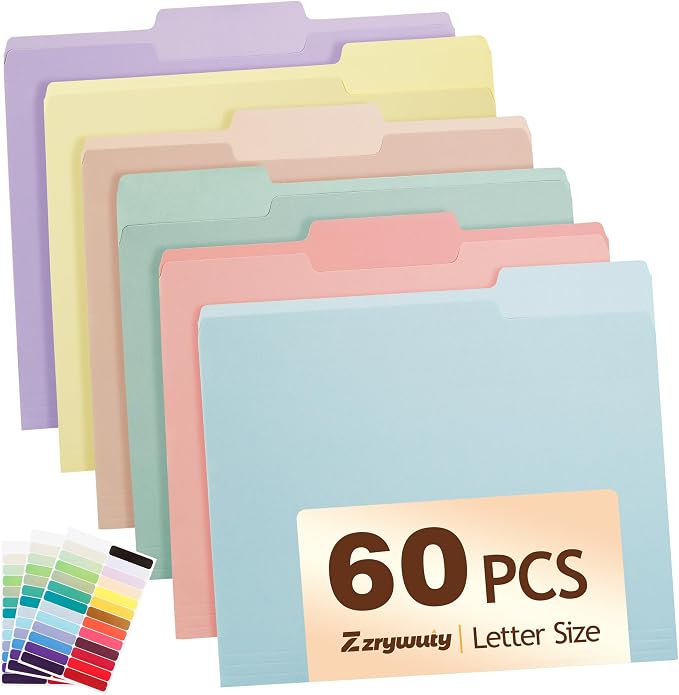 Color File Folders, 1/3-Cut Tabs, 60 Pack File Folder Letter Size, 6 Pastel Colors Organizer File Folders for School Home Office Business