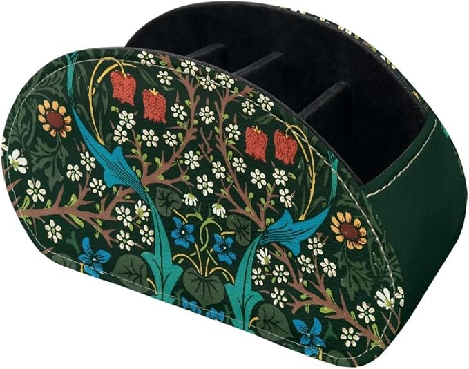 William Morris Green Leaf TV Remote Holder with 5 Compartments, Office Desk Nightstand Couch Organizers/Bedside Table Accessory, Storage for Pens/Controllers/Media Players