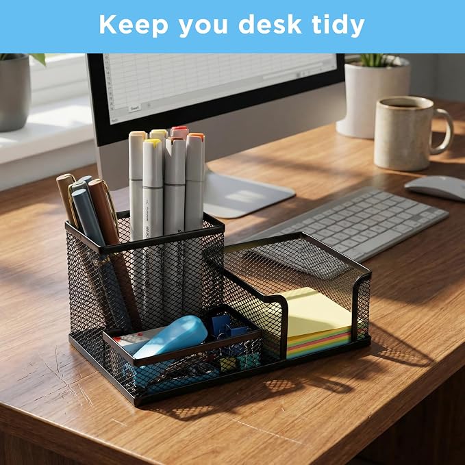Lemecima 8 Pcs Pen Holder for Desk Mesh Metal Pencil Holders Pen Cup Marker Desk Caddy with Sticky Notes Organizer for Office Supplies Workspace Home, Black