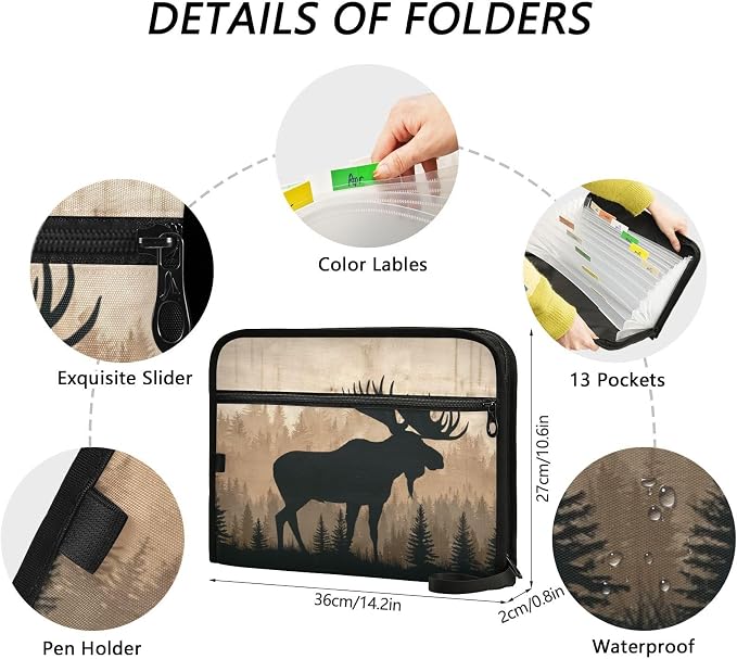 Moose Brown Wood Accordion File Organizer Expanding Document Folder with 13 Pockets Portable File Folder for A4 Letter Size