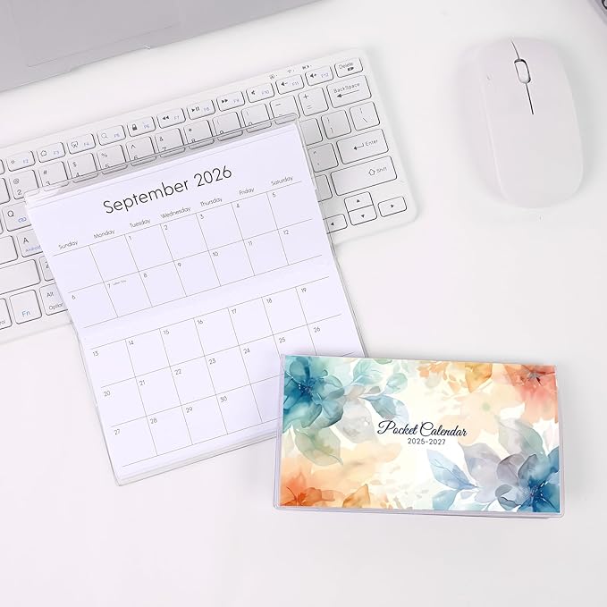 SKYDUE Pocket Calendar 2026-2027 for Purse 6.5" x 3.5", 2026-2027 Pocket Planner 24 Months with Soft Waterproof Cover, Watercolor Floral