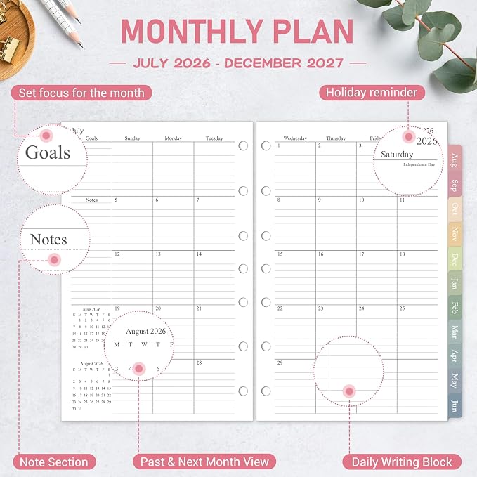 2026-2027 Monthly Planner Refill for A5 7-Ring Binders, 5.5" x 8.5" Medium Size Planner Inserts, Jul. 2026 - Dec. 2027, 18 Monthly Calendars with Colorful Laminated Tabs, 7-Hole Punched