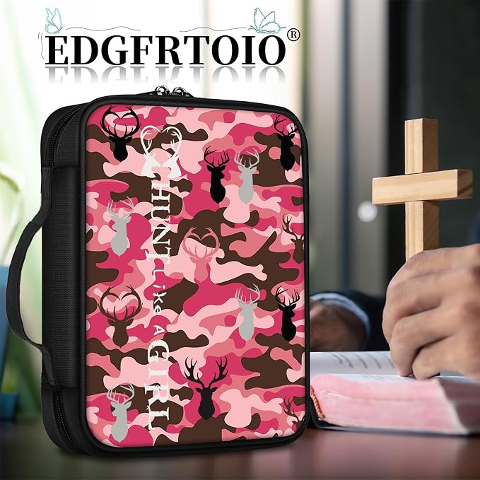 Bible Cover, Pink Camo Bible Case with Handle and Zippered Pocket Standard Size Holy Bible Bag Women Gifts, Church Bag Portable Bible Carrying Book Case for Bible Study