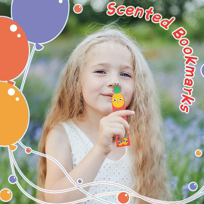Gersoniel 108 Pieces Fruit Scented Bookmarks for Kids Bulk Scratch and Sniff Bookmarks Fun Smelly Book Marks Cute Gifts for Classroom Prizes Students Teens Food Lovers, 12 Styles