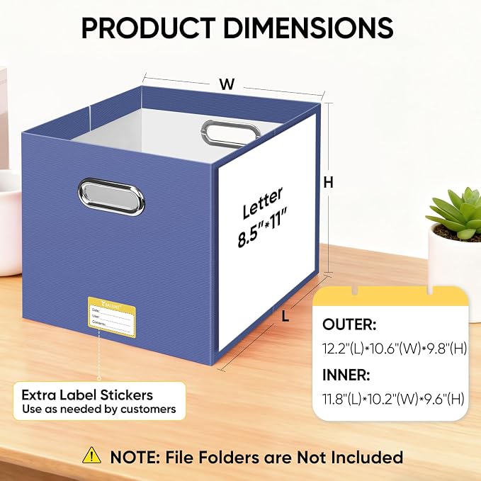 BALEINE File Organizer Box, Cardboard File Folder Organizer with Handle for Letter Size, Portable Collapsible Hanging Filing Box for Home Office Document Storage (4 Pack, Large Navy)